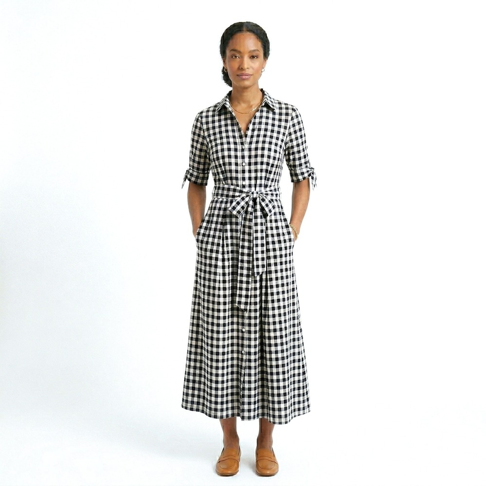 CALVIN KLEIN Womens Gingham Midi Shirt Dress Black White 4P Retro Career $129